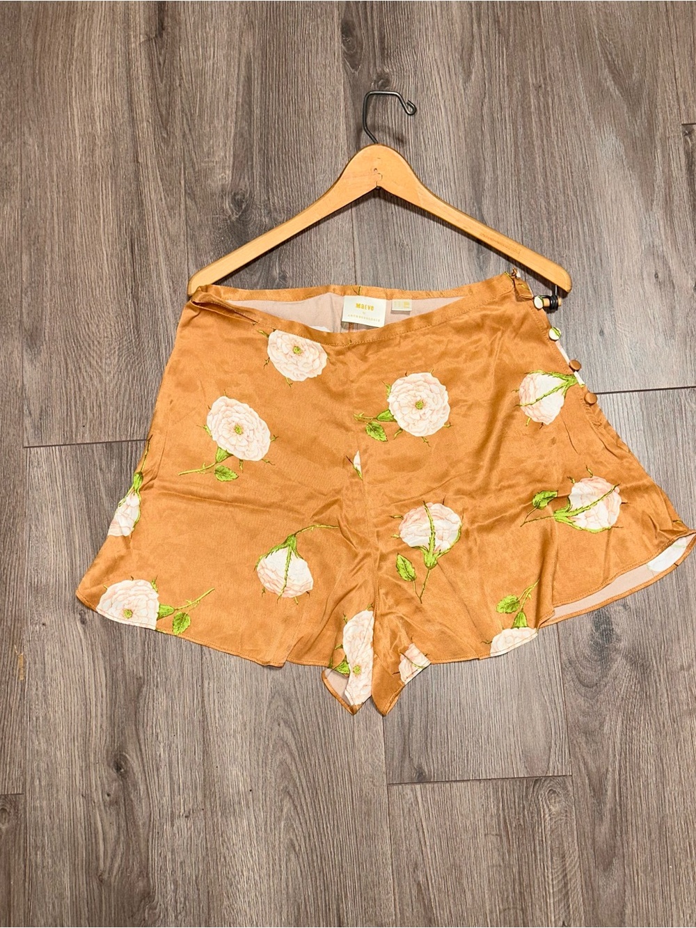 Mauve by Anthropologie Tan Floral High-Waist Satin Shorts